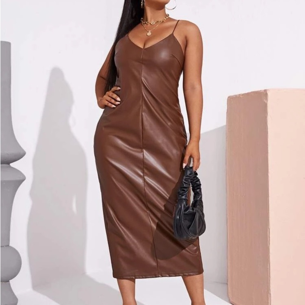 Beautiful chocolate brown faux leather curvy spaghetti strap dress. SHEIN +SIZE